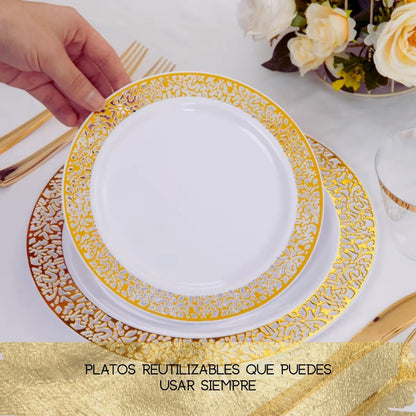 Plato Desechable Elegante De Plástico 50 Pzas Orilla Encaje Oro Orilla Dorada