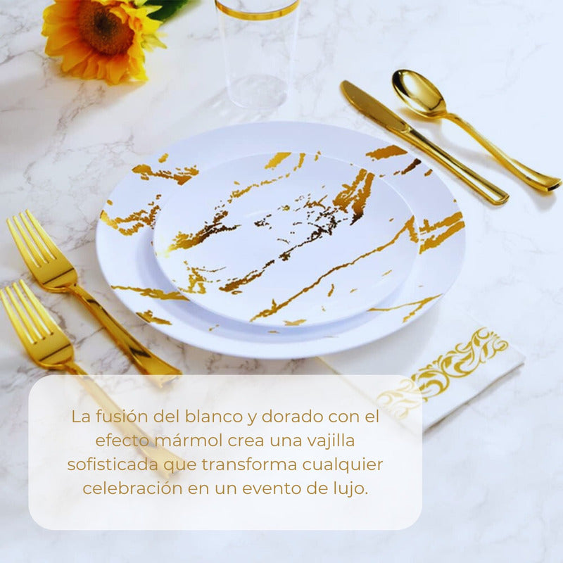 Juego De Vajilla Para Fiesta Desechables 175 Pzs 25 Personas Blanco/oro Tipo Mármol