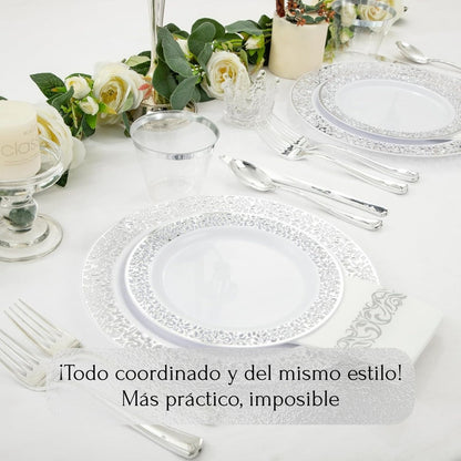 Vajilla Completa Orilla Encaje Plata · 175 piezas · 25 personas