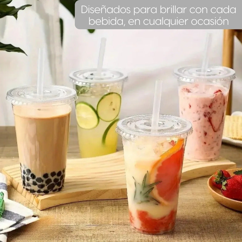 Alviria 50 Vasos Desechables Plástico 20 Oz Con Tapa Popote Transparente