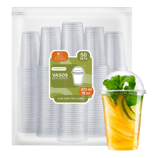 Alviria 50 Vasos Desechables Plástico 16 Oz Con Tapa Domo Transparente