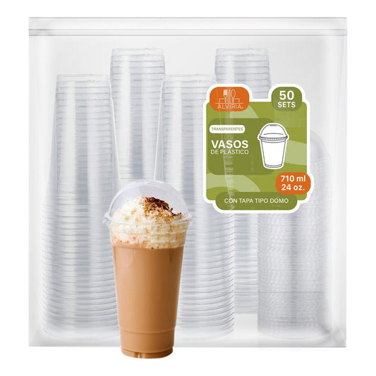 Alviria 50 Vasos Desechables Plástico 24 Oz Con Tapa Domo Transparente