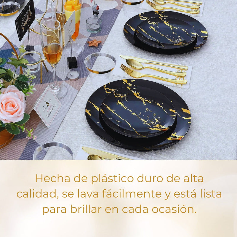 Juego De Vajilla Para Fiesta Desechable 175 Pzs 25 Servicios Negro Oro Tipo Mármol