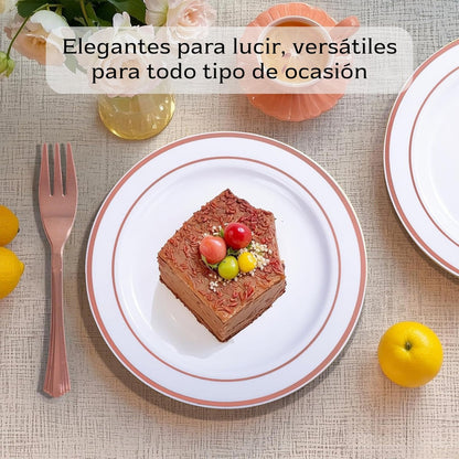 Platos De Plástico Reutilizable 50 Pz (26cm) Orilla Oro-rosa Oro/rosa