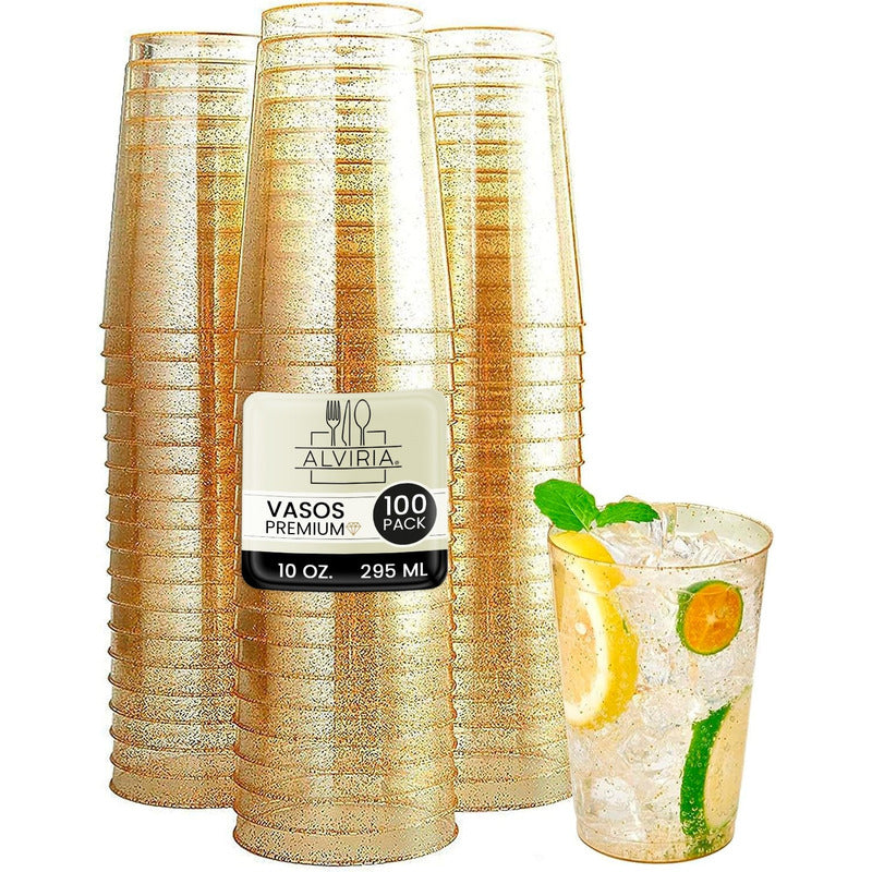 100 Piezas De Vasos De Plástico De 10 Oz (295ml) Con Glitter - Dorado