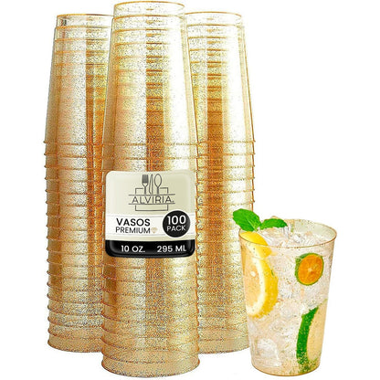 100 Piezas De Vasos De Plástico De 10 Oz (295ml) Con Glitter - Dorado