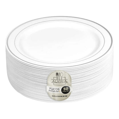 Platos De Plástico Reutilizables 50 Pz (26cm) Orilla Plata Plata