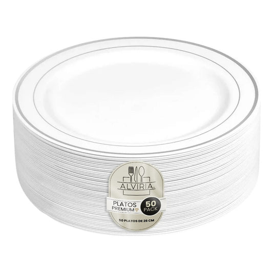 Platos De Plástico Reutilizables 50 Pz (26cm) Orilla Plata Plata