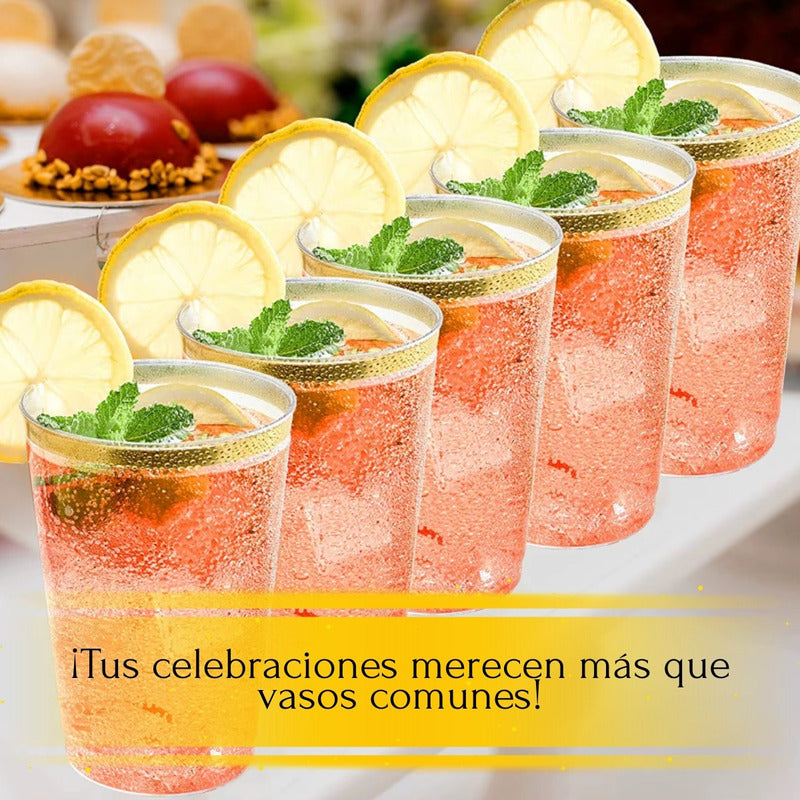 Vasos Elegantes 100 Pzs 12 Onzas (355ml) Bordes Dorados Dorado