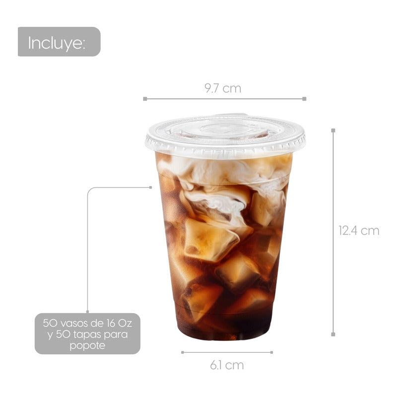 Alviria 50 Vasos Desechables De Plástico 16 Oz Tapa Popote Transparente