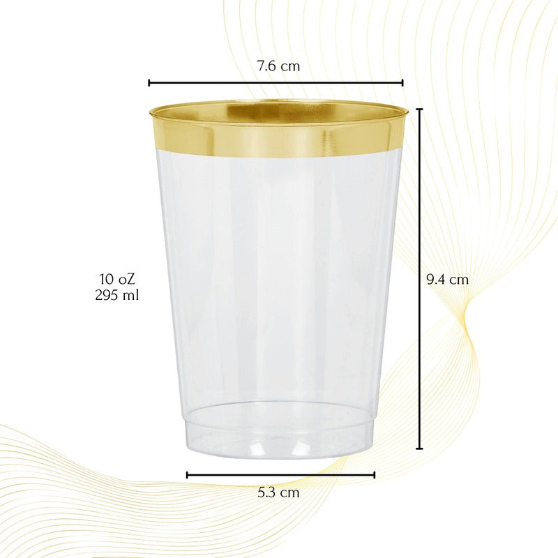 Vasos Elegantes 100 Pzs De 10 Onzas (295ml) Bordes Dorados Transparente Con Dorado
