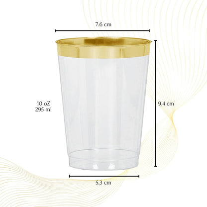 Vasos Elegantes 100 Pzs De 10 Onzas (295ml) Bordes Dorados Transparente Con Dorado