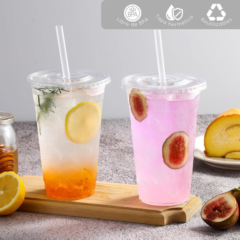 Alviria 50 Vasos Desechables Plástico 20 Oz Con Tapa Popote Transparente