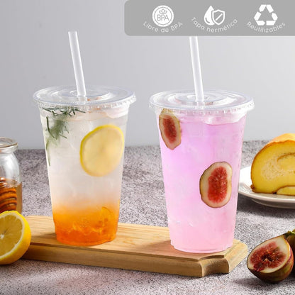 Alviria 50 Vasos Desechables Plástico 20 Oz Con Tapa Popote Transparente