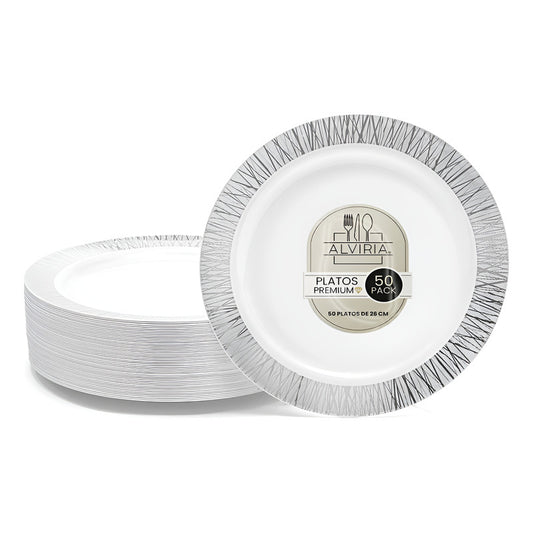 Platos Para Fiesta Reutilizables 50 Pzas De 26 Cm Alviria Plata Venecia