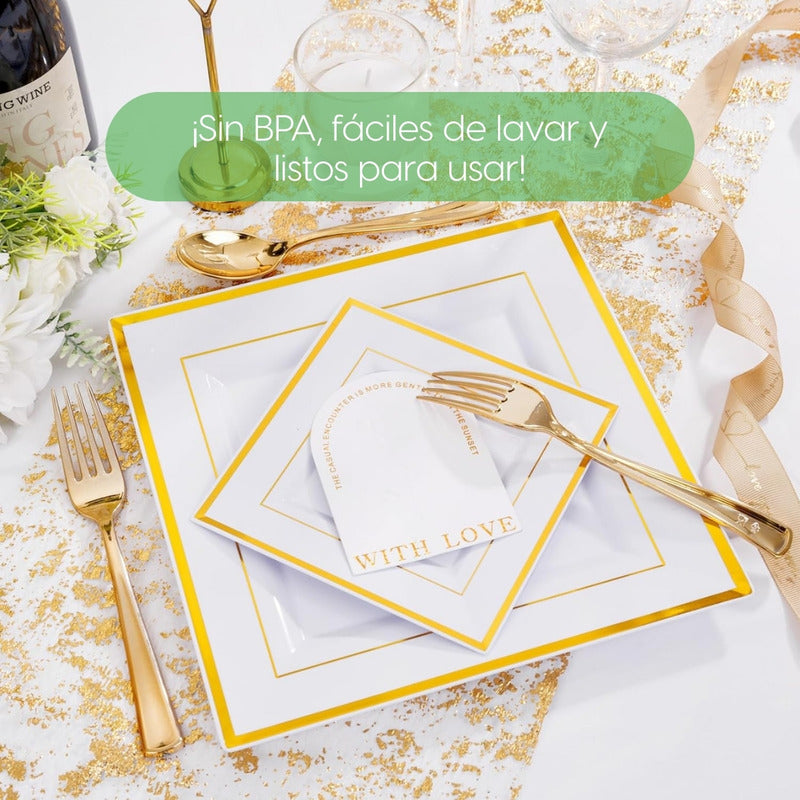 Set 50 Platos Cuadrados Blancos Reutilizables Borde Líneas Blanco Ibiza
