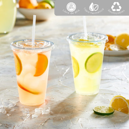 Alviria 50 Vasos Desechables Plástico 24 Oz Con Tapa Popote Transparente