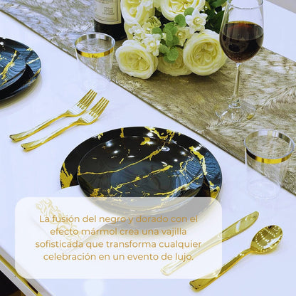 Juego De Vajilla Para Fiesta Desechable 175 Pzs 25 Servicios Negro Oro Tipo Mármol