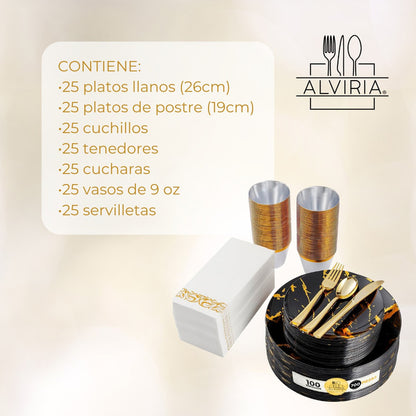 Juego De Vajilla Para Fiesta Desechable 175 Pzs 25 Servicios Negro Oro Tipo Mármol