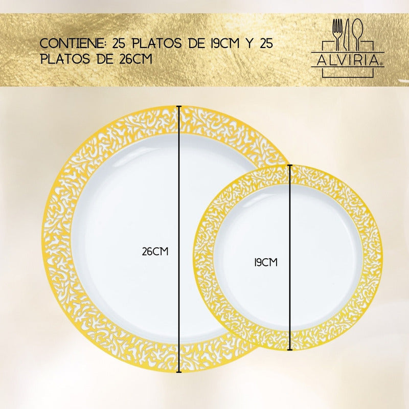 Plato Desechable Elegante De Plástico 50 Pzas Orilla Encaje Oro Orilla Dorada