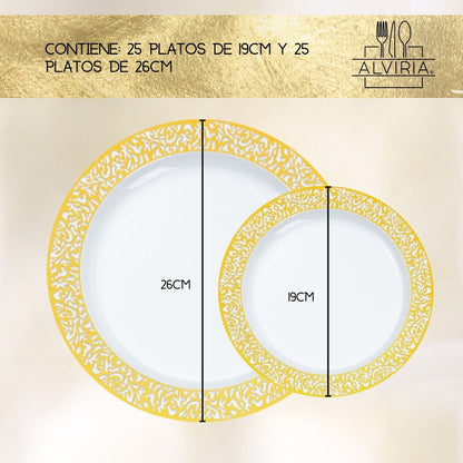Plato Desechable Elegante De Plástico 50 Pzas Orilla Encaje Oro Orilla Dorada