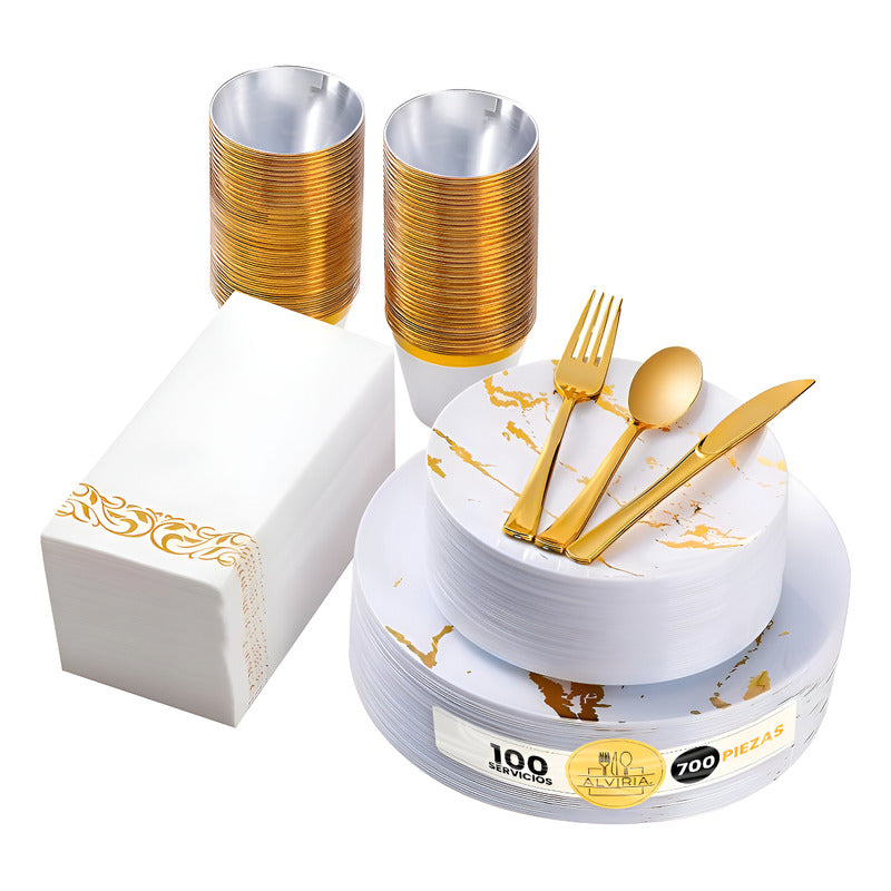 Juego De Vajilla Para Fiesta Desechables 175 Pzs 25 Personas Blanco/oro Tipo Mármol