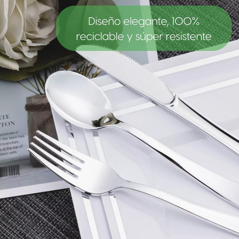Alviria Set Cubiertos De Plástico Reutilizables 150 Piezas Plata