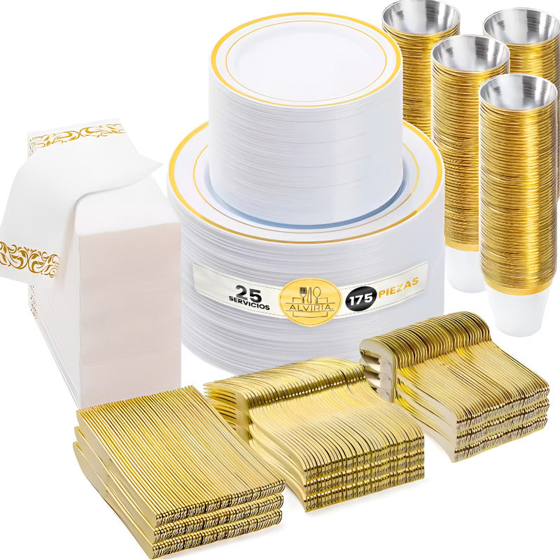 Juego De Vajilla Desechable Elegante Para 25 Personas. 175pz