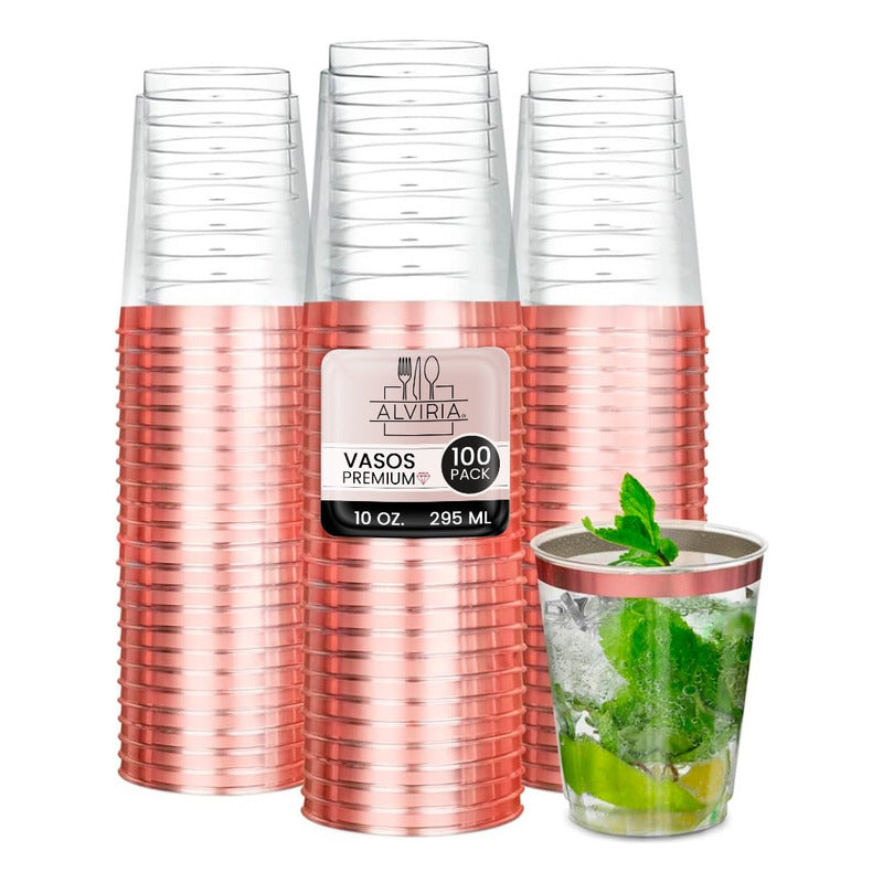 100 Vasos Reutilizables De Plástico Para Fiesta 10oz Alviria Orilla Rosa