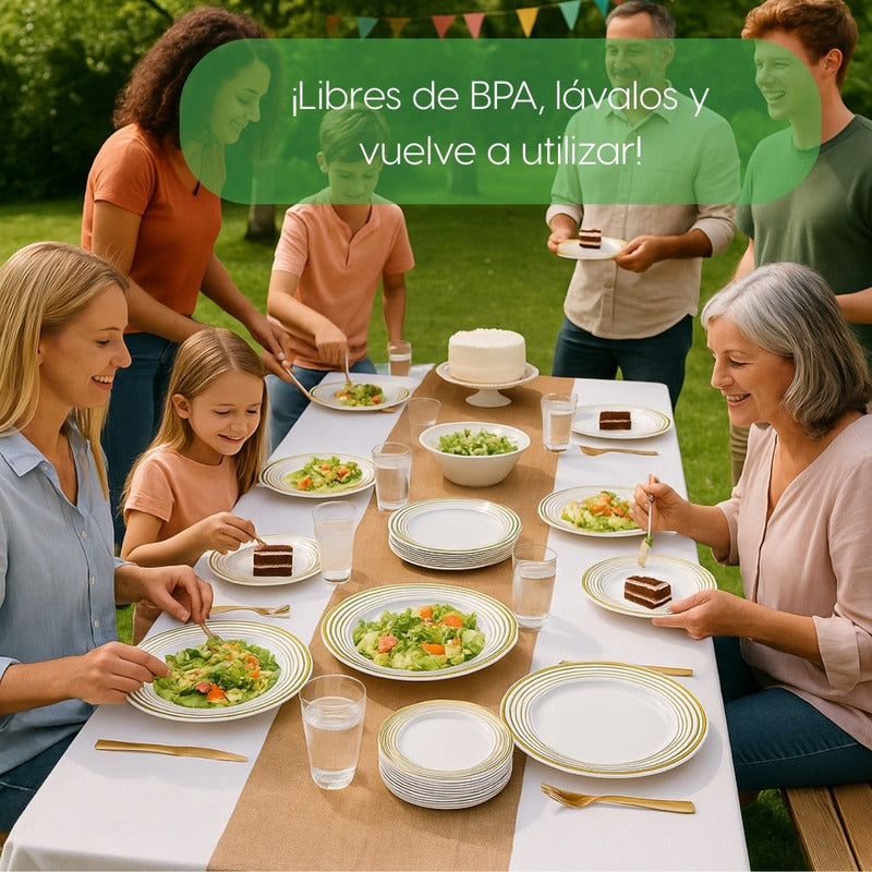 Set 50 Platos Elegantes Reutilizables Alviria Líneas Doradas Dorado Líneas