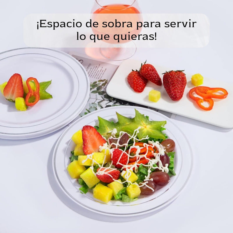 Platos De Plástico Reutilizables 50 Pz (26cm) Orilla Plata Plata
