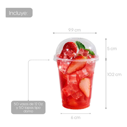Alviria 50 Vasos Desechables Plástico 12 Oz Con Tapa Domo Transparente