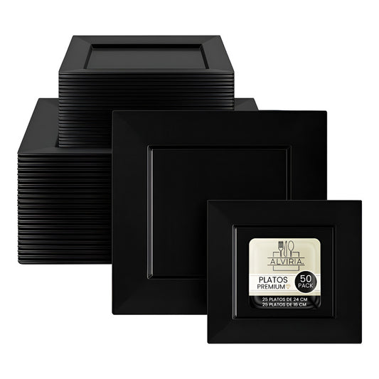 Set 50 Platos Negros Cuadrados Premium Reutilizables Alviria Negro Ibiza