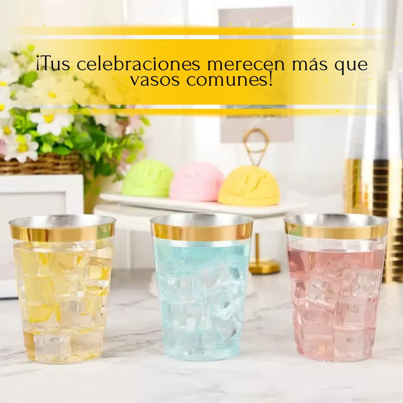 Vasos Elegantes 100 Pzs De 10 Onzas (295ml) Bordes Dorados Transparente Con Dorado