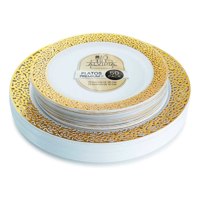Plato Desechable Elegante De Plástico 50 Pzas Orilla Encaje Oro Orilla Dorada