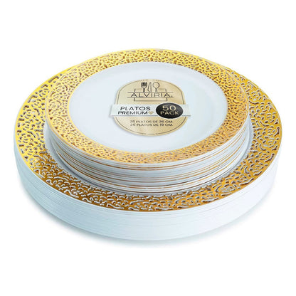Plato Desechable Elegante De Plástico 50 Pzas Orilla Encaje Oro Orilla Dorada
