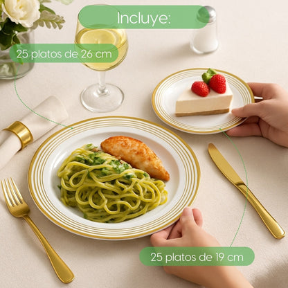 Set 50 Platos Elegantes Reutilizables Alviria Líneas Doradas Dorado Líneas