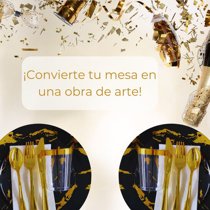 Juego De Vajilla Para Fiesta Desechable 175 Pzs 25 Servicios Negro Oro Tipo Mármol
