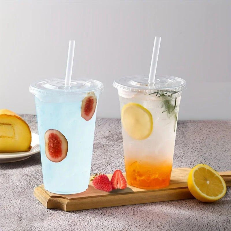 Alviria 50 Vasos Desechables Plástico 24 Oz Con Tapa Popote Transparente