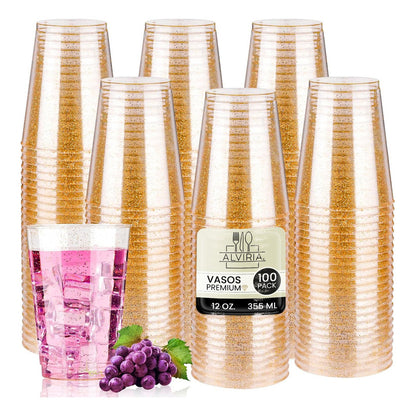100 Piezas De Vasos De Plástico De 12 Oz (355ml) Con Glitter Dorado