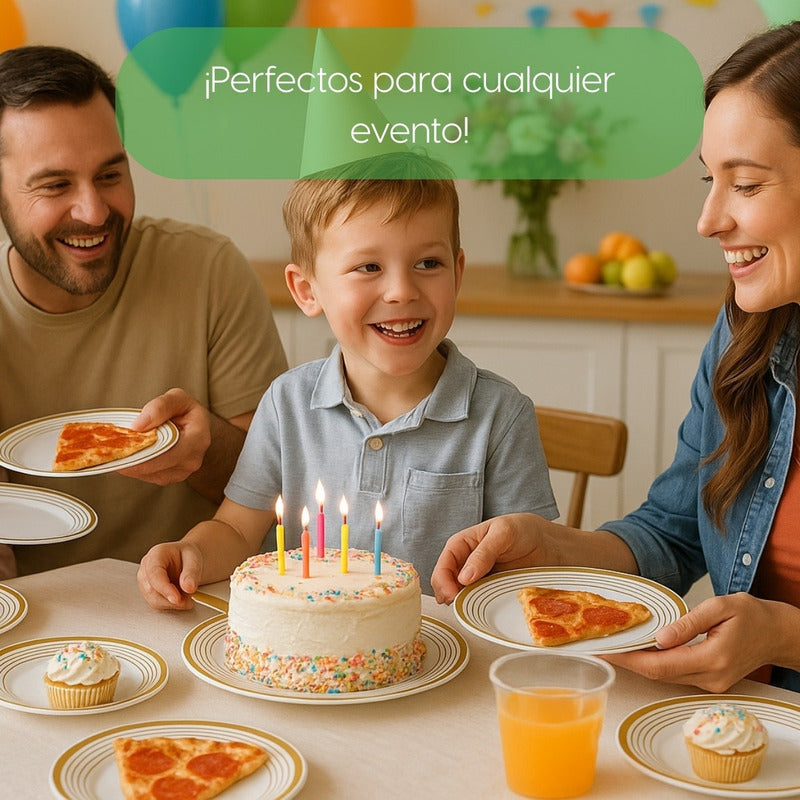 Set 50 Platos Elegantes Reutilizables Alviria Líneas Doradas Dorado Líneas