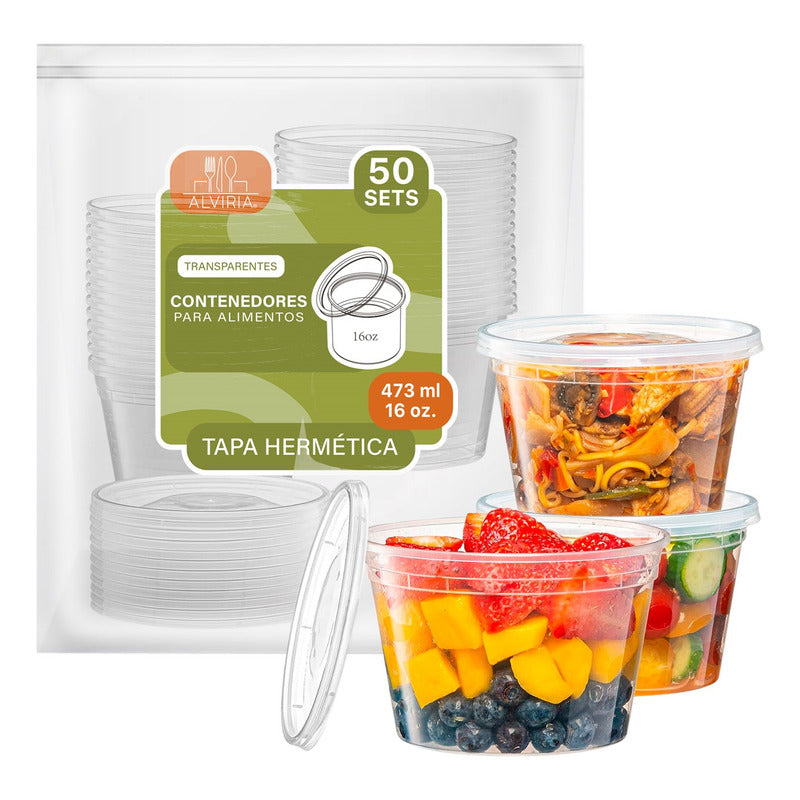 Alviria 50 Envases Para Alimentos Reutilizable 16oz Con Tapa Transparente