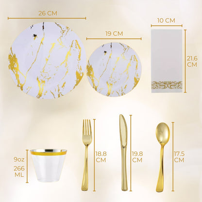 Juego De Vajilla Para Fiesta Desechables 175 Pzs 25 Personas Blanco/oro Tipo Mármol
