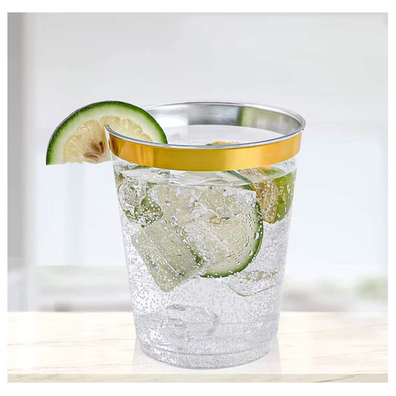 Vasos Elegantes 100 Pzs De 10 Onzas (295ml) Bordes Dorados Transparente Con Dorado