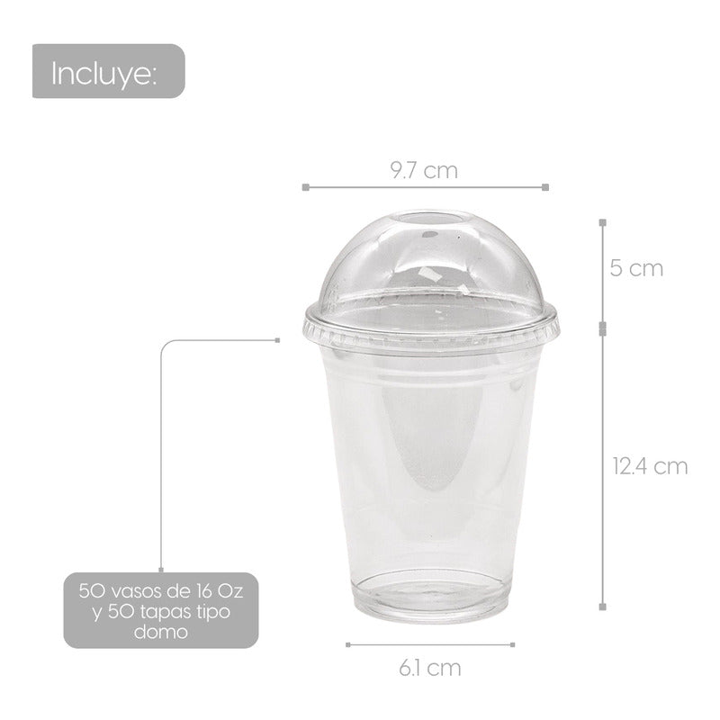 Alviria 50 Vasos Desechables Plástico 16 Oz Con Tapa Domo Transparente