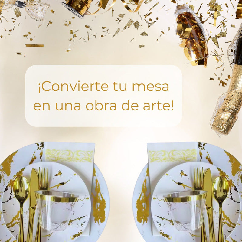Juego De Vajilla Para Fiesta Desechables 175 Pzs 25 Personas Blanco/oro Tipo Mármol