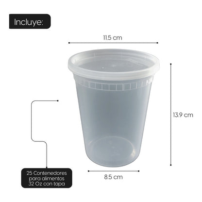 Alviria 25 Envases Reutilizables De Alimentos 32oz Con Tapa Transparente