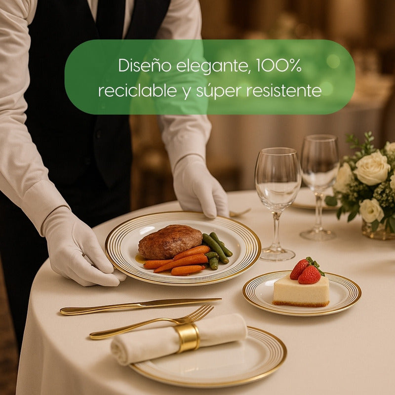Set 50 Platos Elegantes Reutilizables Alviria Líneas Doradas Dorado Líneas
