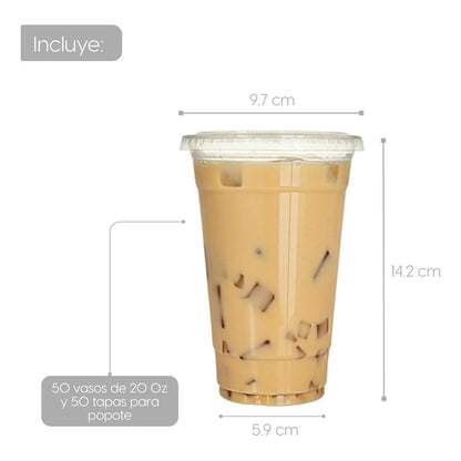 Alviria 50 Vasos Desechables Plástico 20 Oz Con Tapa Popote Transparente