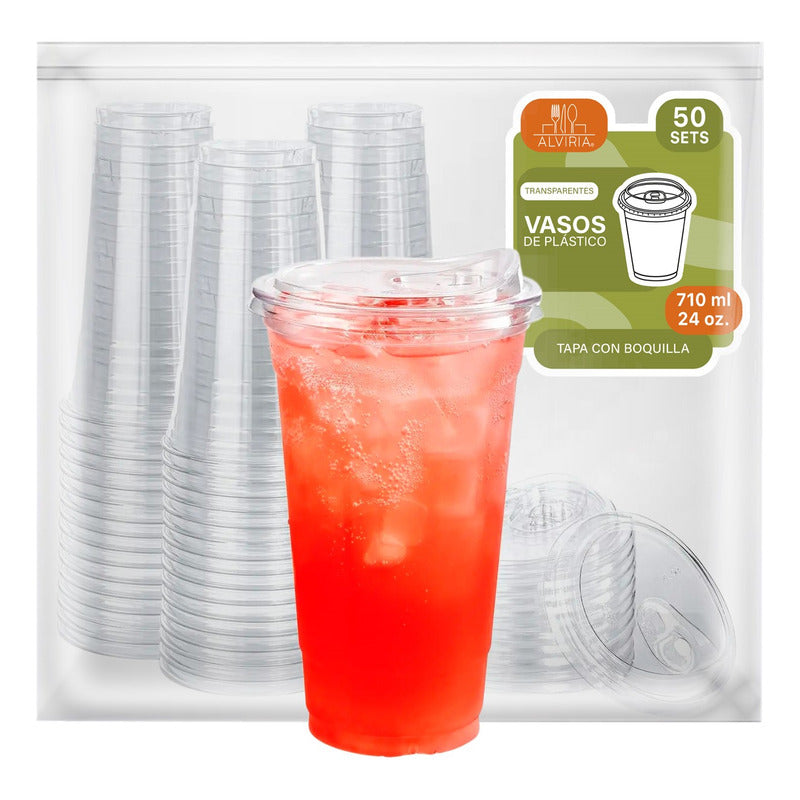 Alviria 50 Vasos Desechables Plástico 24 Oz Tapa Boquilla Transparente